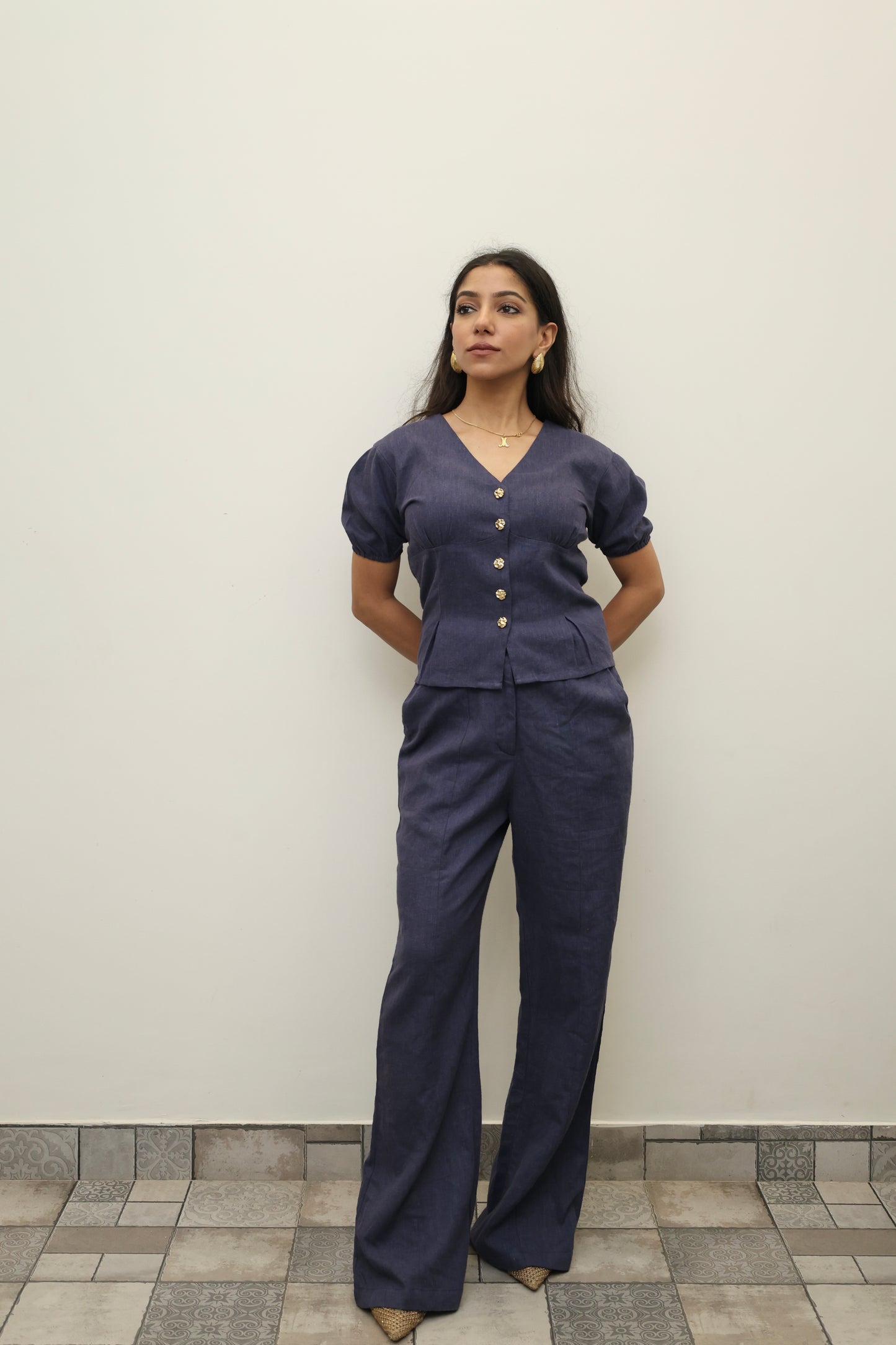 Navy Blue Cotton Linen Blend Sculpted Set