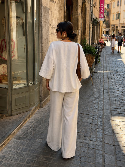 Ecru Front Tie-Up Cotton Linen Top & Pant Set