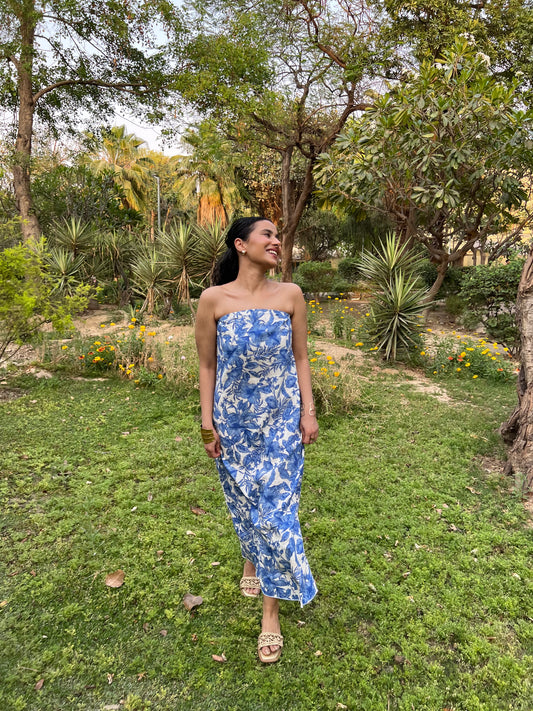 Printed Tube Cotton Linen Blend Dress