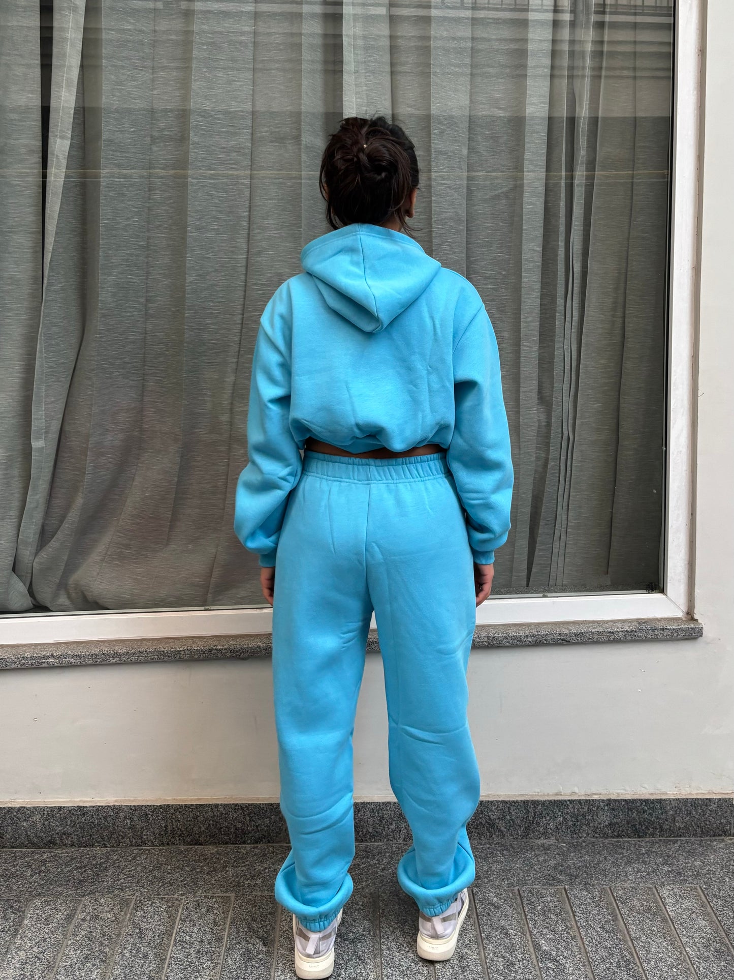 Light Blue Cropped Hoodie Cotton Fleece SET