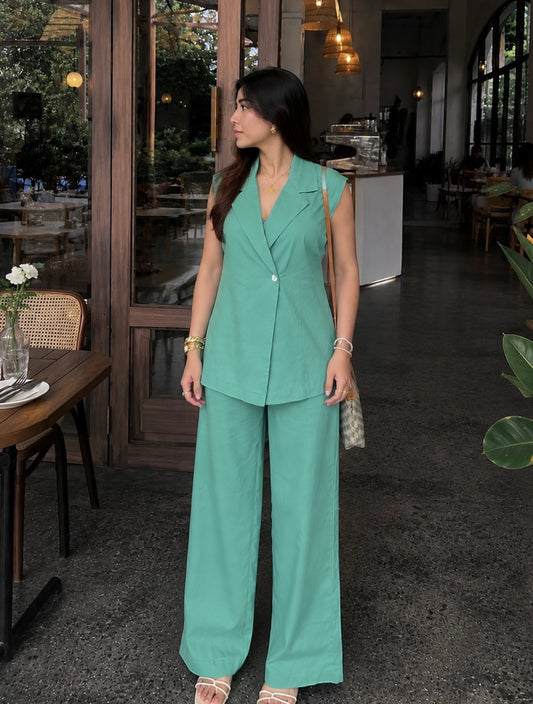 Sage Green Pure Cotton Blazer & Pants Set