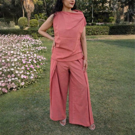 Dusty Rose Cotton Linen Draped Top & Pants Set