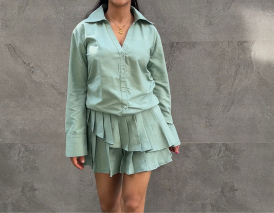 Sage Stripes Cotton Poplin Shirt & Pleated Skort Set