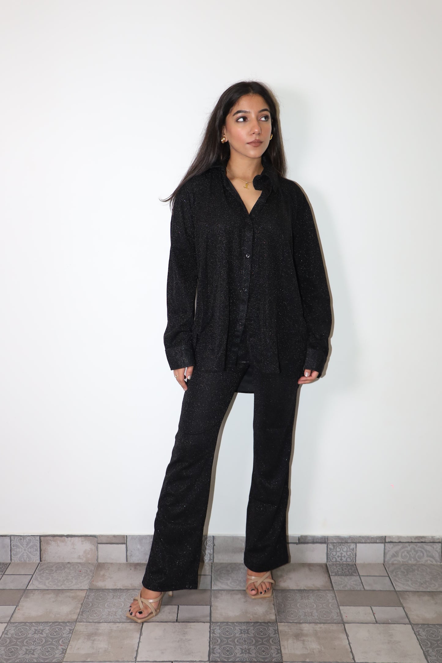 Black Cotton Shimmer Shirt Set