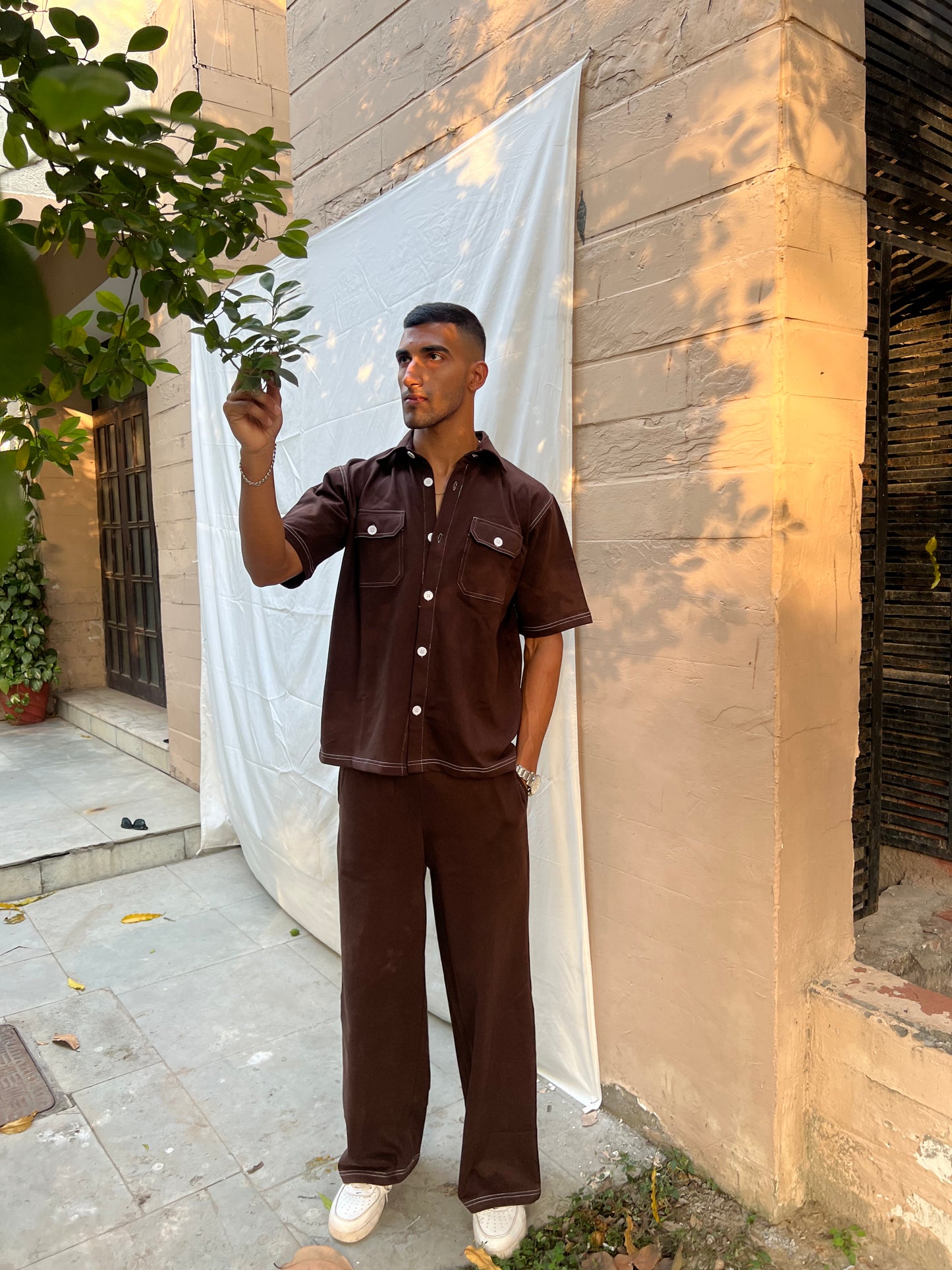 French Terry Men's Shirt Co-ord Brown