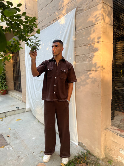 French Terry Men's Shirt Co-ord Brown
