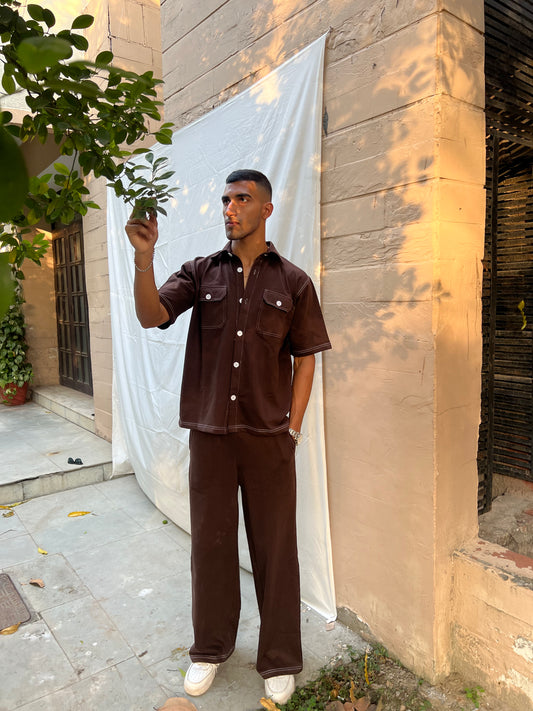 French Terry Men's Shirt Co-ord Brown