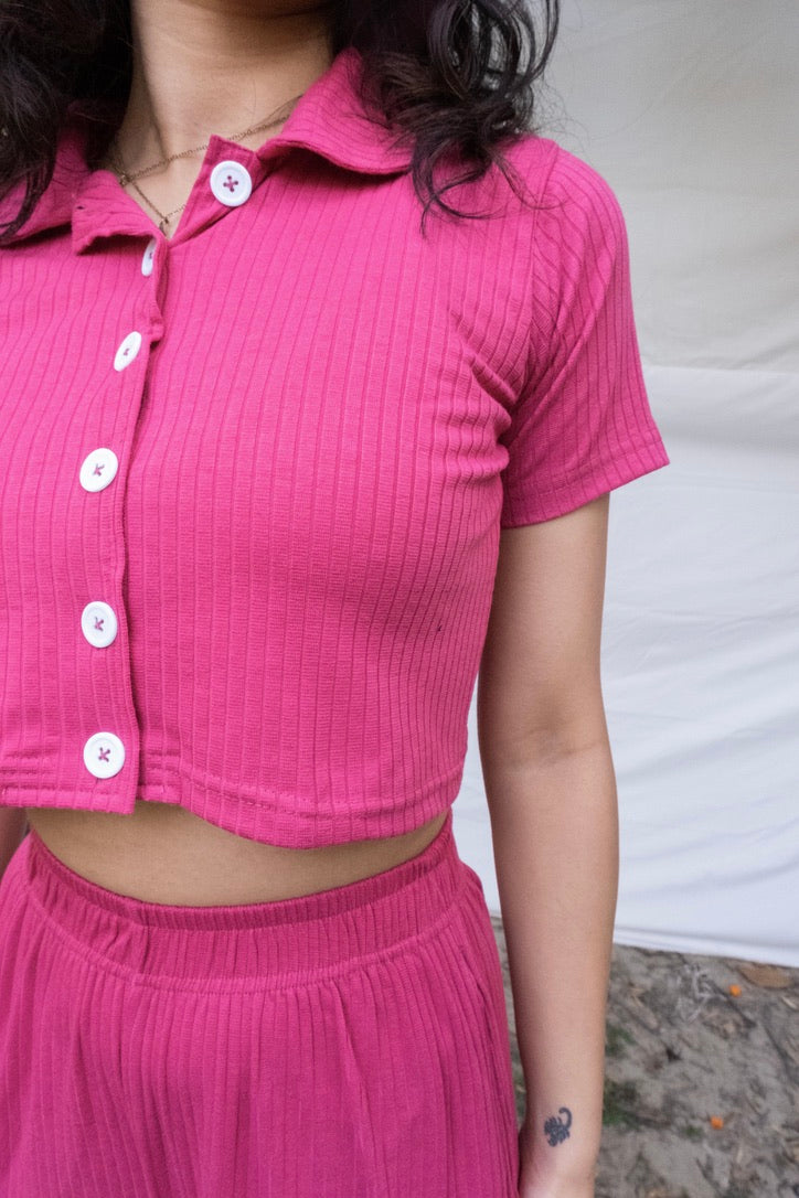 Pink Crop Boxer Shirt Co-ord