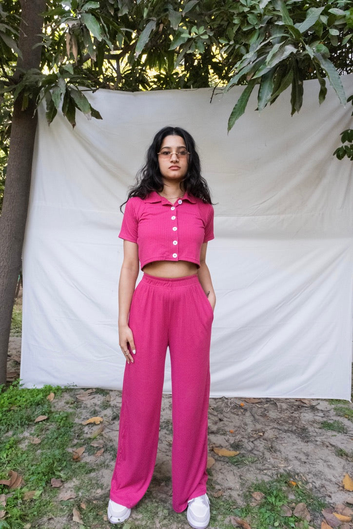 Pink Crop Boxer Shirt Co-ord