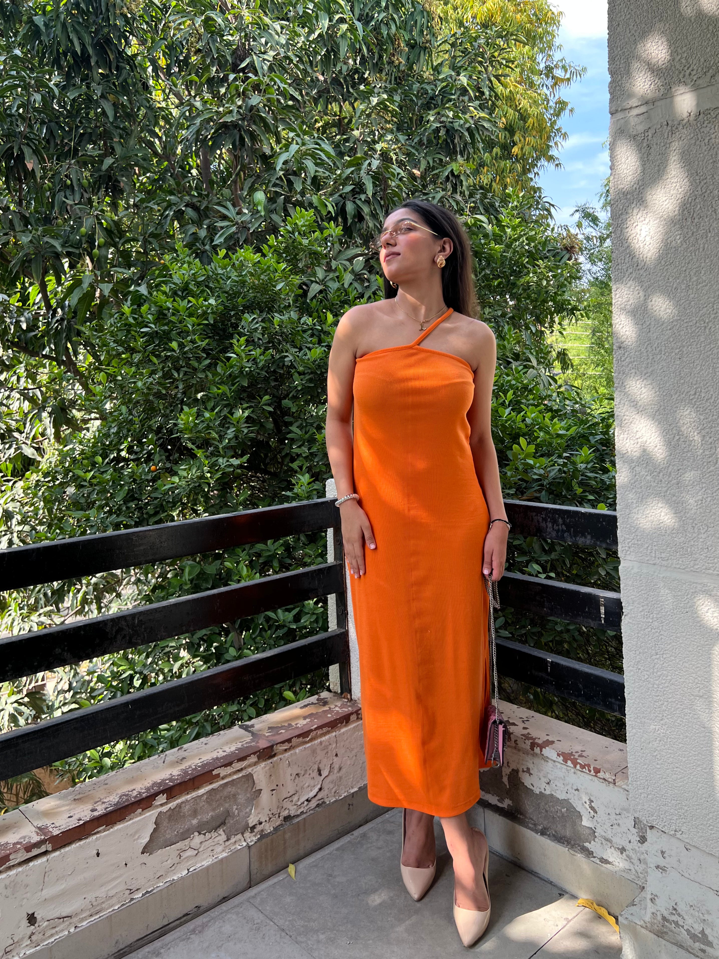 Orange one shoulder RIB dress – Obleka.in
