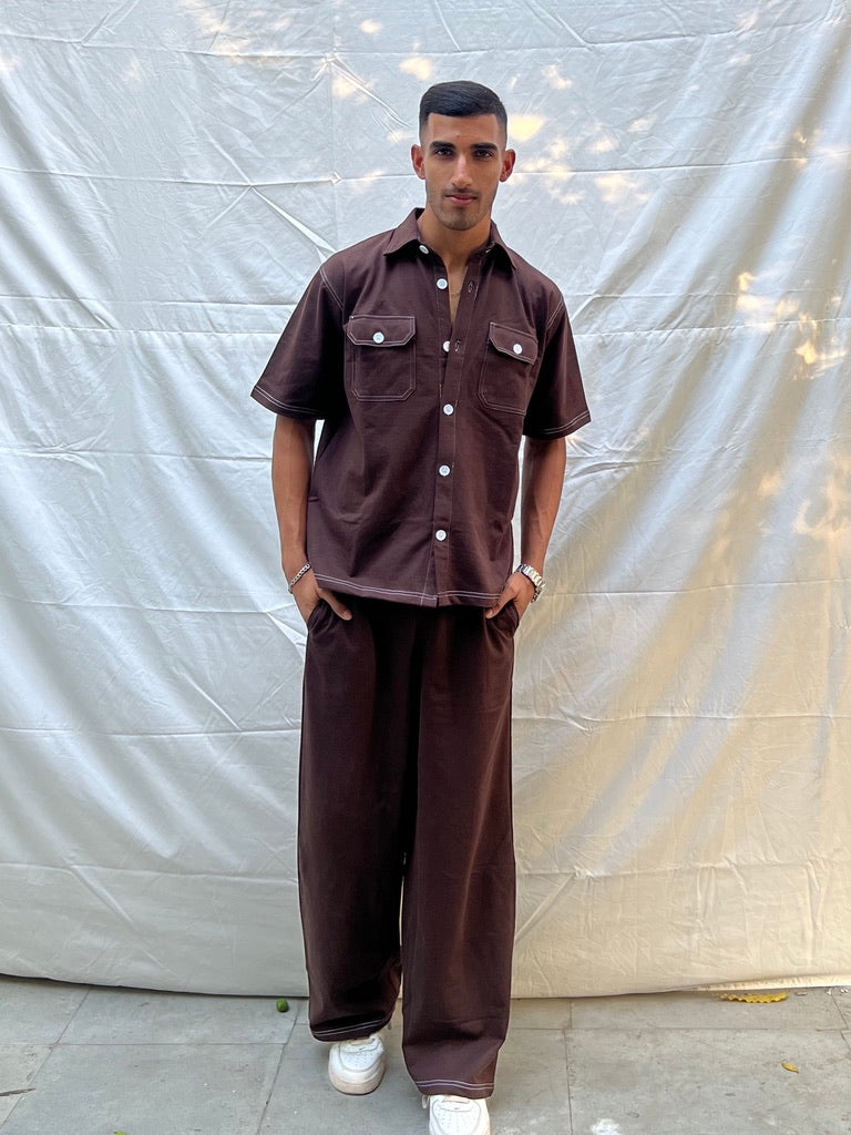 French Terry Men's Shirt Co-ord Brown