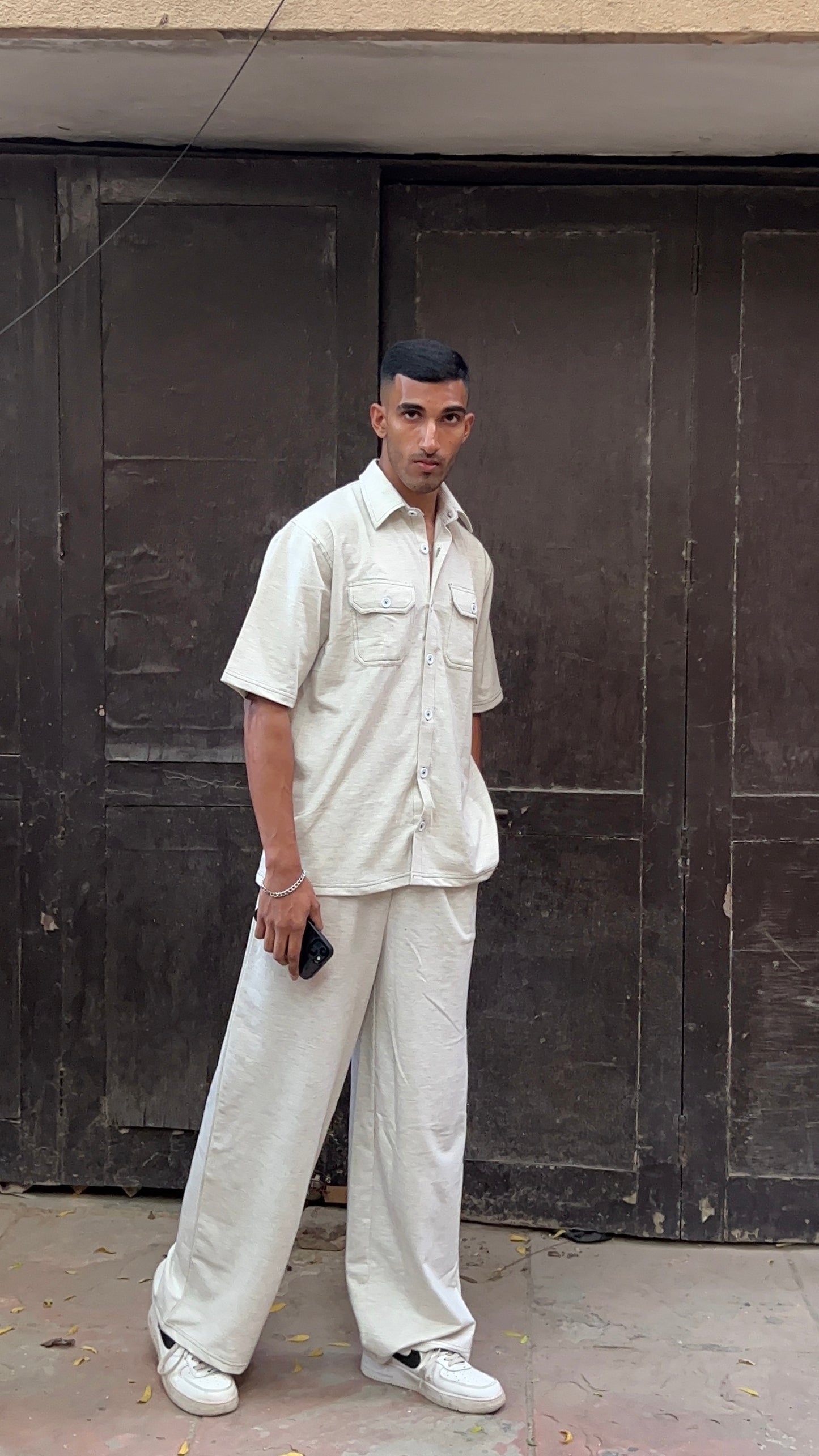 French Terry Men's Shirt Co-ord White Melange