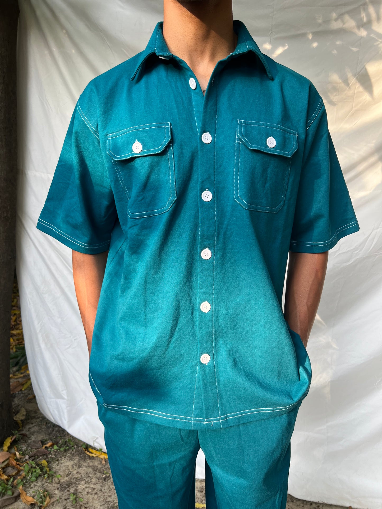 French Terry Men's Shirt Co-ord Teal Blue