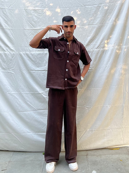 French Terry Men's Shirt Co-ord Brown