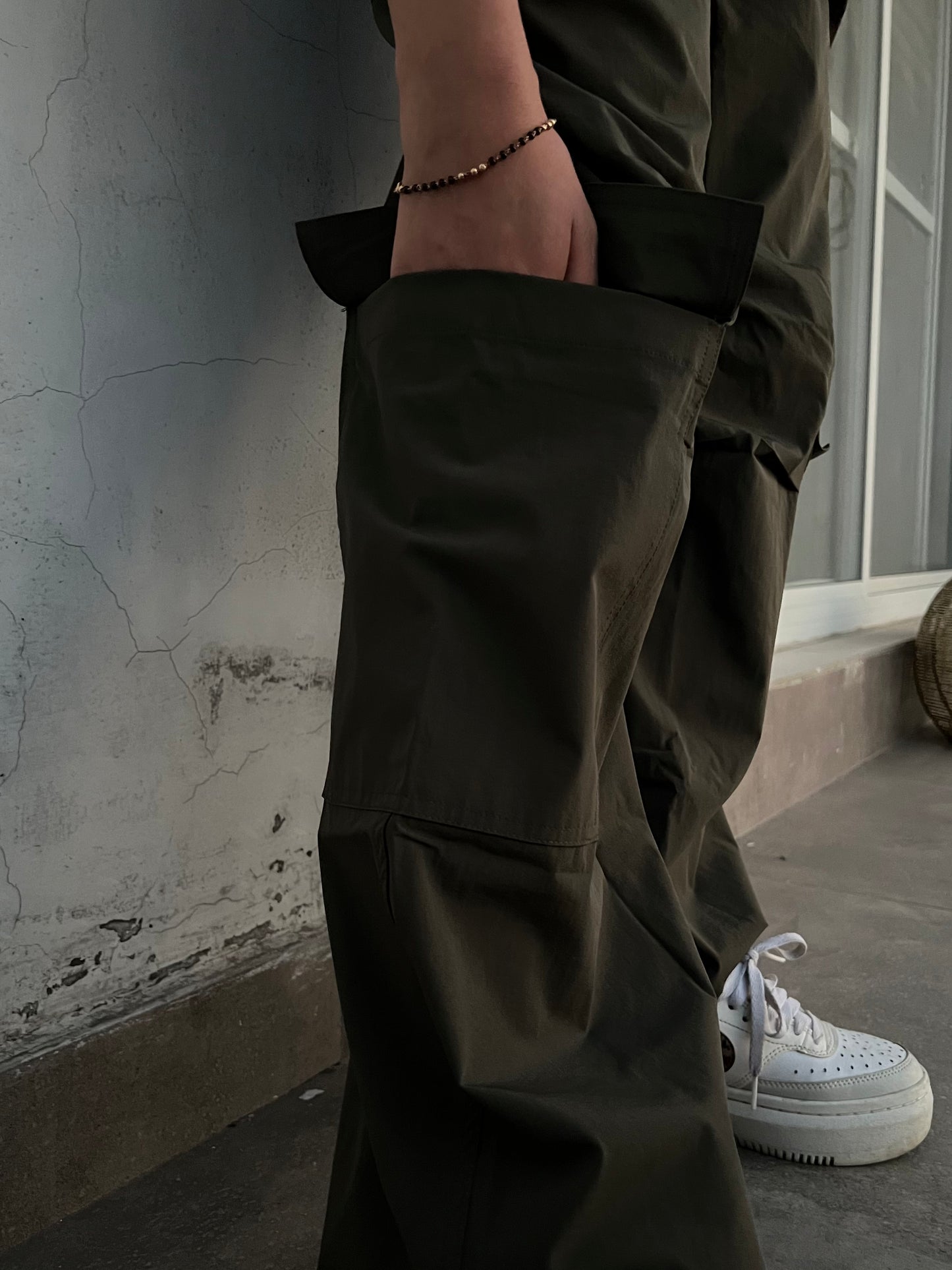 One shoulder Olive Green Parachute Cargo Co-ord – Obleka.in