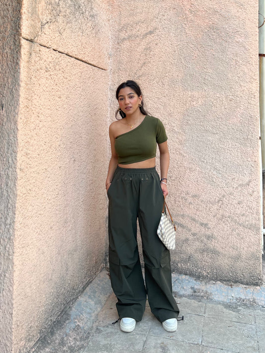 One shoulder Olive Green Parachute Cargo Co-ord