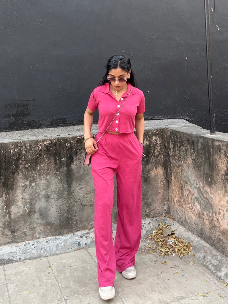 Pink Crop Boxer Shirt Co-ord