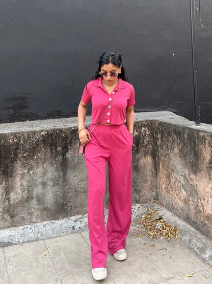 Pink Crop Boxer Shirt Co-ord