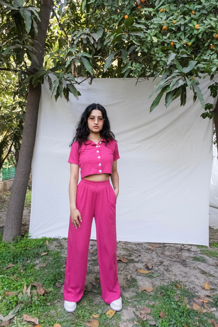 Pink Crop Boxer Shirt Co-ord