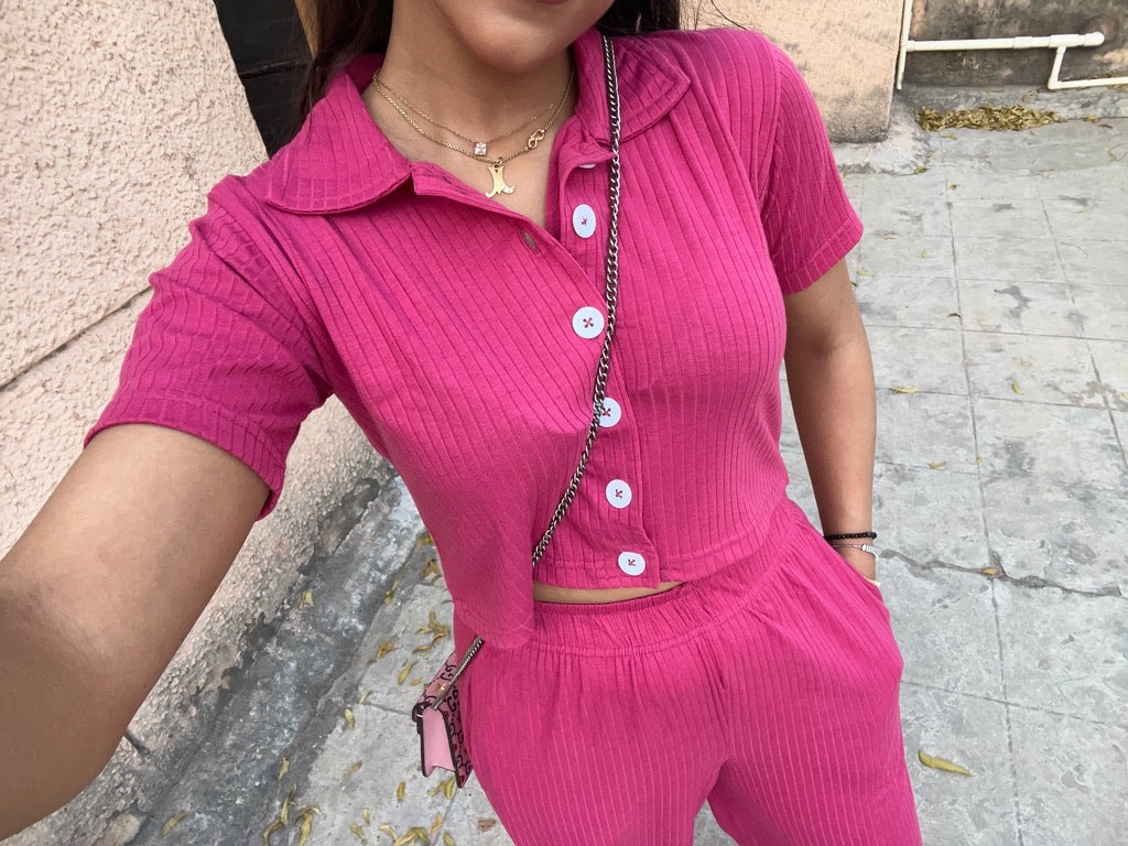 Pink Crop Boxer Shirt Co-ord