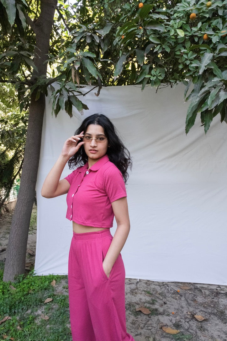 Pink Crop Boxer Shirt Co-ord