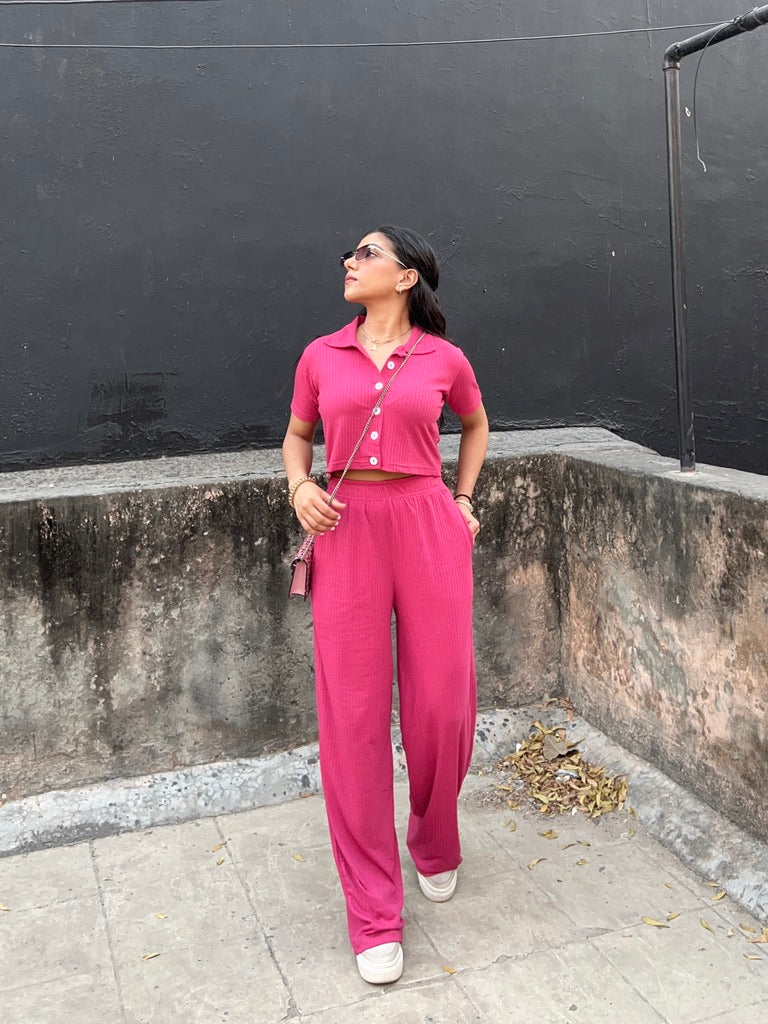 Pink Crop Boxer Shirt Co-ord