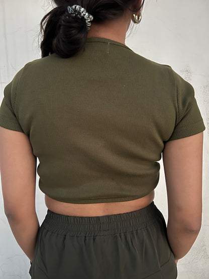 Olive Green Parachute Cargo Crop Co-ord