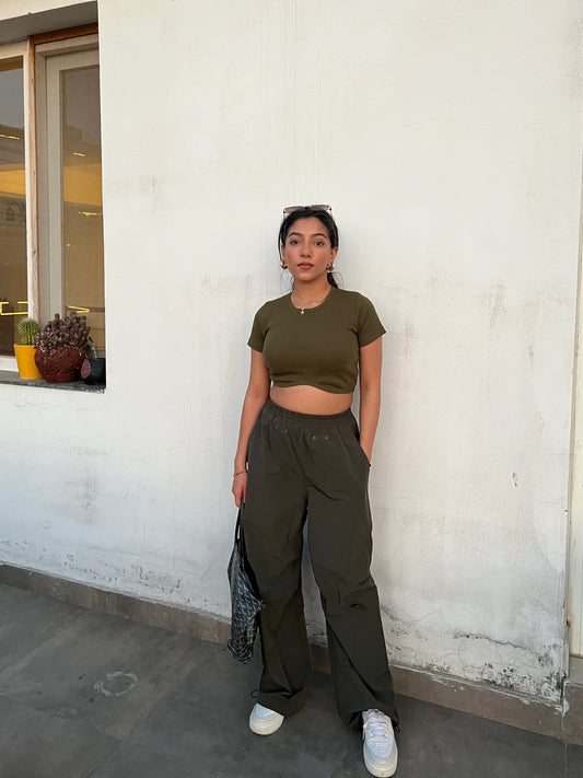 Olive Green Parachute Cargo Crop Co-ord