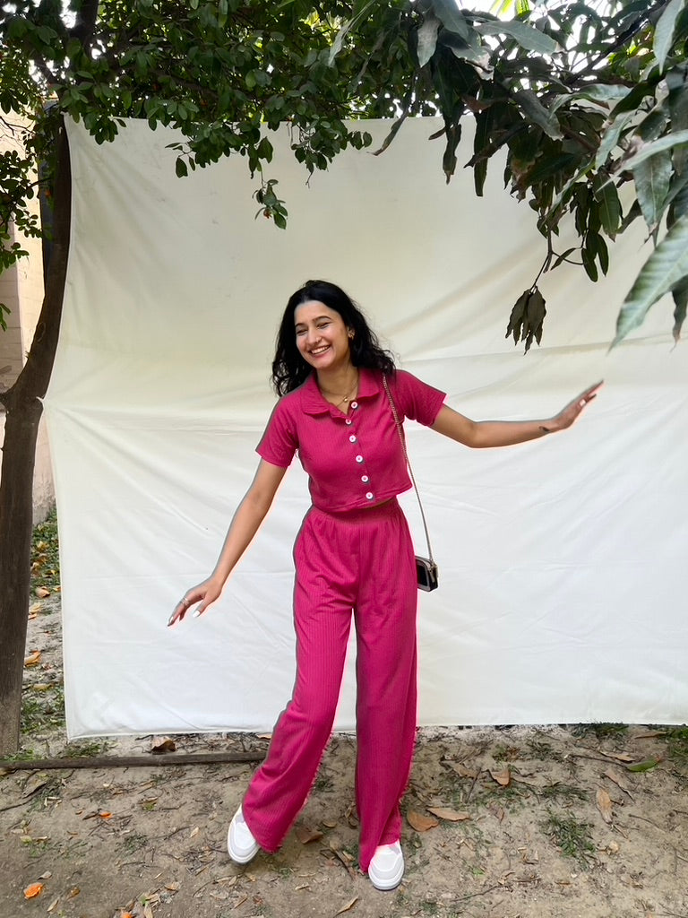 Pink Crop Boxer Shirt Co-ord