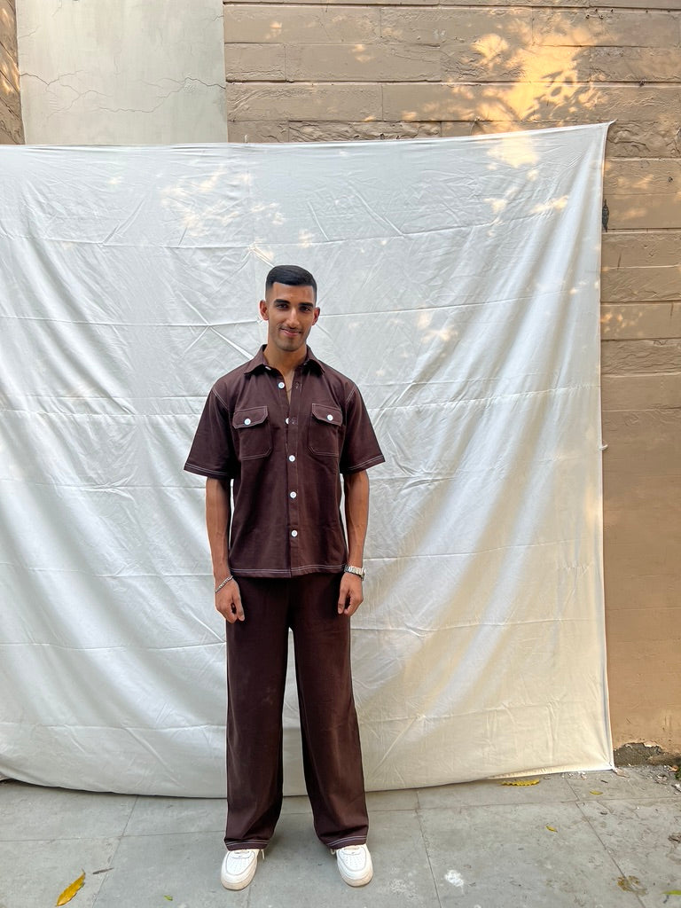 French Terry Men's Shirt Co-ord Brown