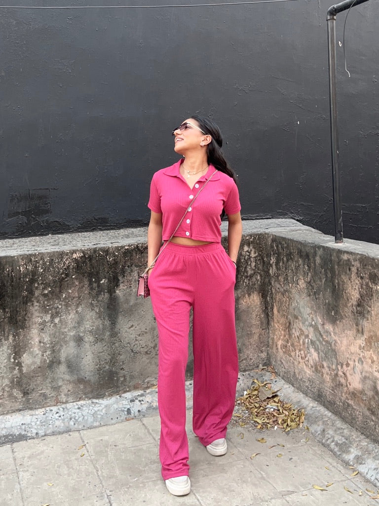 Pink Crop Boxer Shirt Co-ord