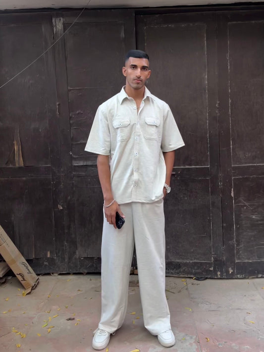 French Terry Men's Shirt Co-ord White Melange