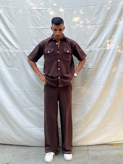 French Terry Men's Shirt Co-ord Brown
