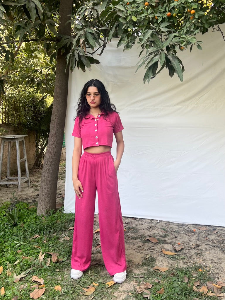 Pink Crop Boxer Shirt Co-ord